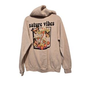 Bowery Supply Hoodie Sz MED Tan Beige  Mushrooms Nature Vibes Hippie Retro Mod